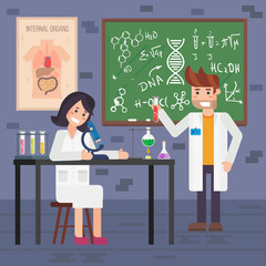 Laboratory researcher. Man and woman scientists with microscope