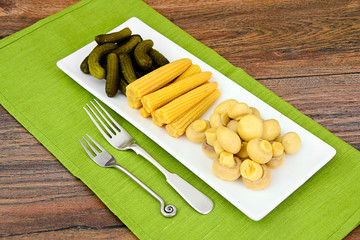Pickled Cucumbers Gherkins, Mushrooms and Corn