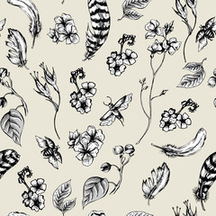 Vintage seamless background with flowers, beetles and feathers