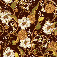 Naklejka premium Vintage seamless pattern with blooming magnolias, roses and twig