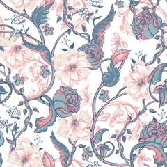 Fototapeten Vintage seamless pattern with blooming magnolias, roses and twig © depiano