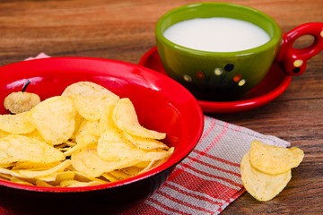 Potato Chips and Milk on Wood