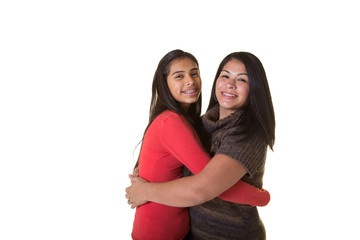 A mother and her daughter isolated on white