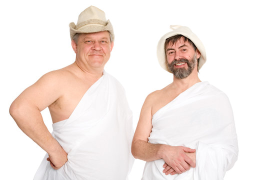 Joyful men in bathing costumes, Russian bath. From a series of Russian bath.