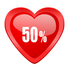 50 percent red heart valentine glossy web icon