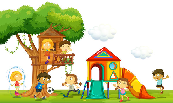 Children playing at the treehouse in the park