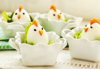 Hard boiled Chicken Egg Family. Easter food for kids
