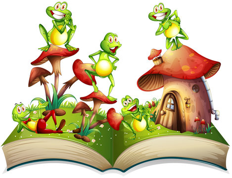 Book with many frogs smiling