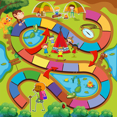 Obraz premium Boardgame template with camping and hiking theme