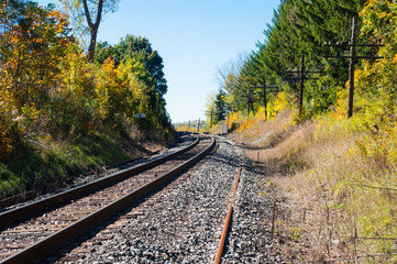 Train tracks curving left with telegraph poles on right