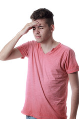 Sinus pain, sinus pressure, sinusitis. Sad man holding his head