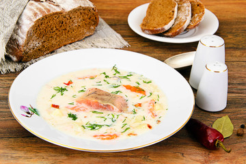 Finnish Creamy Soup with Salmon, Leeks, Salmon, Olive Oil, Cream
