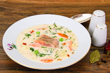 Finnish Creamy Soup with Salmon, Leeks, Salmon, Olive Oil, Cream