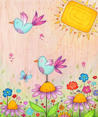Spring Birds - Colorful illustration of flowers and birds. Made with markers and colored pencils.