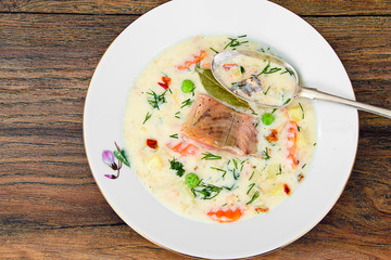 Finnish Creamy Soup with Salmon, Leeks, Salmon, Olive Oil, Cream