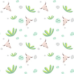 Longhorn cow skull head and aloe pattern. Desert landscape in cartoon style. Cactus and succulent flora pattern.