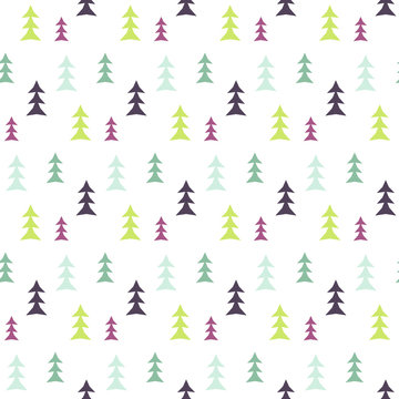 Abstract multicolor pine forest seamless pattern. Vector tree background textile fabric print. Scandinavian simple style.