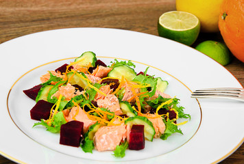 Salad with Beets, Salmon, Cucumber, Arugula, Lemon Zest, Orange,