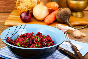 Beets, Stewed with Onions, Carrots, Garlic, Vegetable Oil