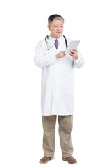 old asian man doctor in white with digital tablet