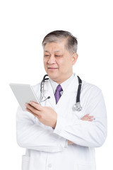 old asian man doctor in white with digital tablet