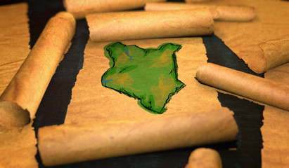 Kenya Map Painting Unfolding Old Paper Scroll 3D