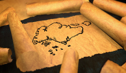 Singapore Map Drawing Unfolding Old Paper Scroll 3D