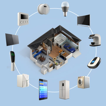 3D infographics of smart home automation technology. Smart appliances thumbnail image  available.