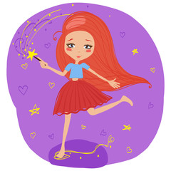 Cute Cartoon Fairy Girl with a Red Long Hair, a Magic Stick and a Pink Tutu, Flat Design