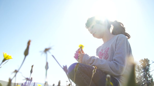 Girl smelling a dandelion in the sun 