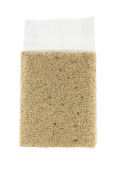Thai brown rice in plastic bag isolated on white background