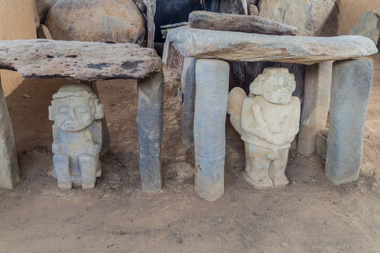 Statues in tombs located at Alto de los Idolos archeological site near San Agustin, Colombia