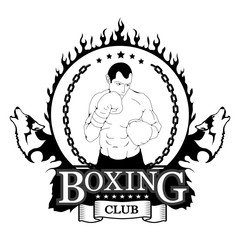 Logo for boxing club in a burning circle with a boxer and a wolf's head