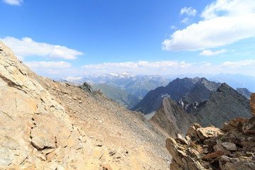 Panorama view with mountain Großglockner and glaciers in Hohe Tauern Alps, Austria
