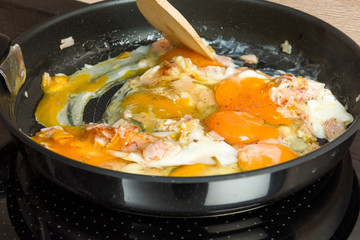 Ready for breakfast: cooking scrambled eggs in a modern kitchen