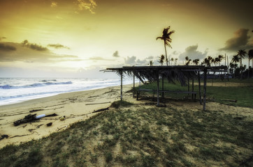 traditional fisherman on the beach. green grass and beach sand. dramatic and soft clouds with yellow color during sunrise sunset
