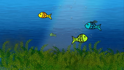 Animated loop able colorful big and small fishes swimming under ocean water tank with plants useful for broadcasting kids nature life science children knowledge information for babies program