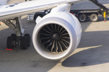 Close-up view of a jet engine turbine