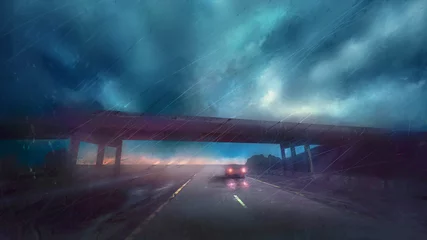 Zelfklevend Fotobehang Onweer lonely car on the road in the rain