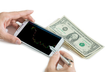businessman using a mobile device to check stocks before decied
