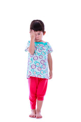 Asian girl reviewing eyesight closing eye with hand. Isolated on white.