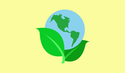 Vector image depicting the earth in the middle of two green leaves