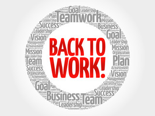 Back to work circle stamp word cloud, business concept