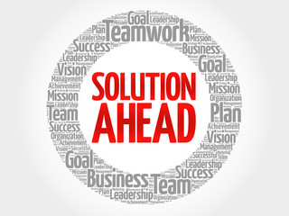 Solution ahead circle stamp word cloud, business concept
