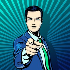 Vector illustration of successful businessman pointing finger in vintage pop art comics retro style. Likes and positive feel. Gesture good, agree and smile.