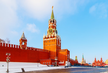 View of the Red Square and the Spassky tower winter sunset