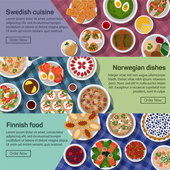 Vector flat illustration banners of finnish, norwegian, swedish national dishes. Egg, jam, meatball, sauce, smushroom, tew, lapskaus, karelian, strawberry, reindeer roast with healthy ingredients.