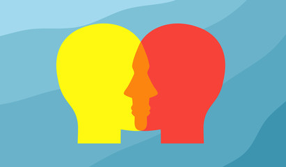 Vector concept depicting two human heads overlapping each other - obrazy, fototapety, plakaty