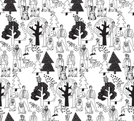 People and pets walking in park seamless pattern 