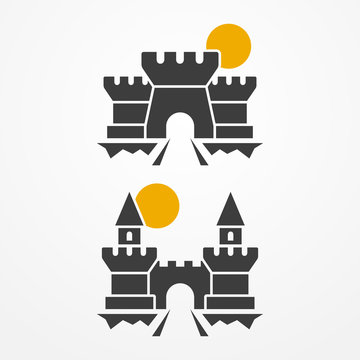 Collection of medieval castle logotypes - simple silhouettes with towers, bridges and gates